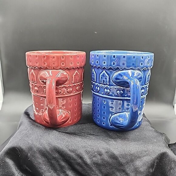 At Home International Heart House mugs Set of 2 Cranberry & Cobalt Blue 12-14 oz - Picture 2 of 9